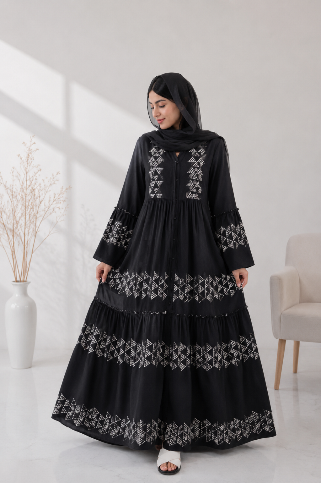 پیراهن نخی ساحلی شماره دوزی مشکی