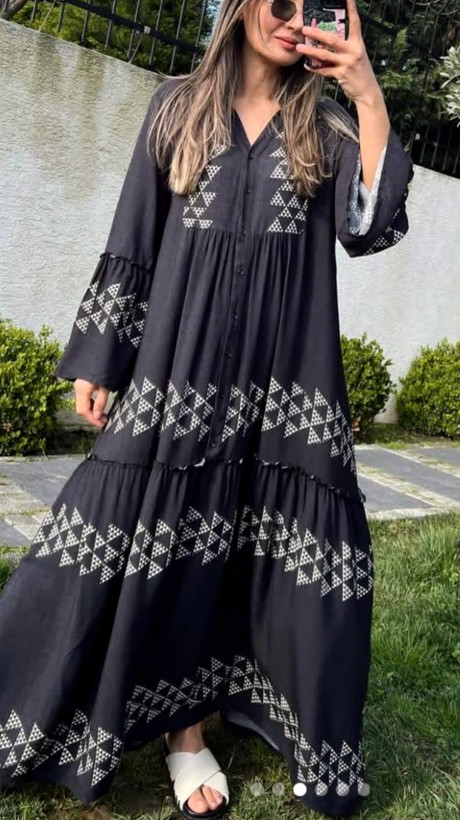 پیراهن نخی ساحلی شماره دوزی مشکی